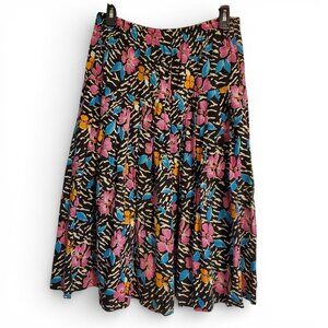 VIntage 90s Black White Colorful Floral A Line Midi Skirt Messy Girl Maximalist